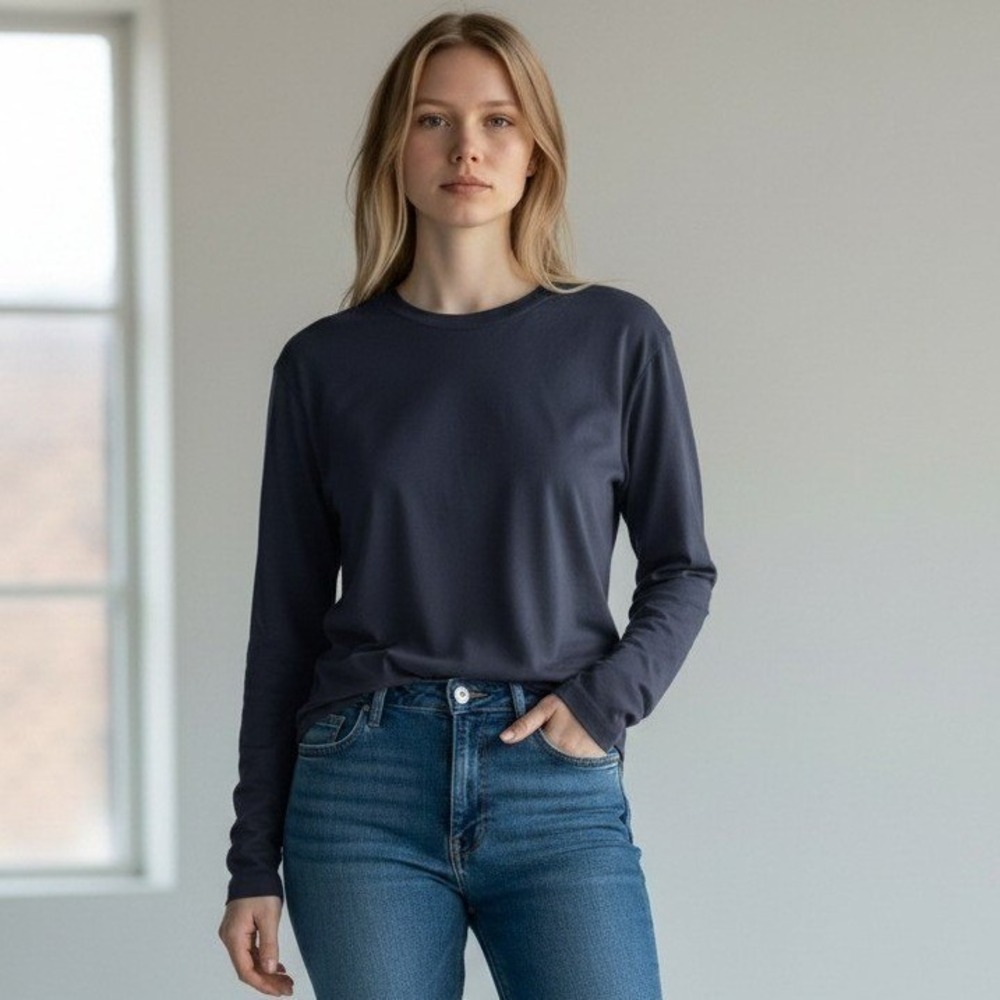 J.Crew Womens XL Navy Blue 100% Cotton Long Sleeve Crew Neck T-Shirt Basic Tee